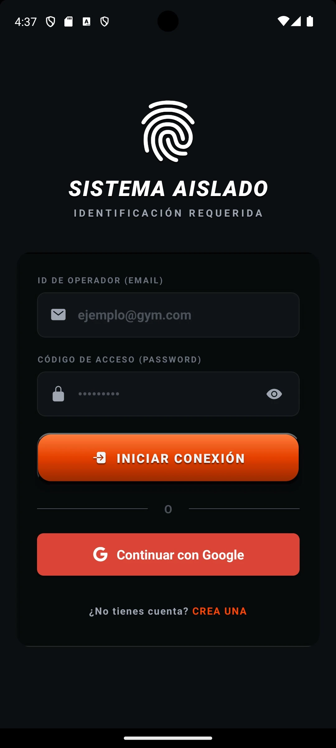 Pantalla de acceso oscura de Project: Better con campos de correo y contraseña, botón Iniciar conexión y alternativa para continuar con Google.