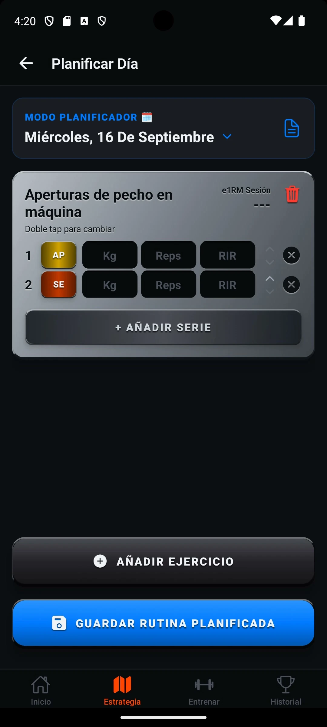 Pantalla Planificar Día con la tarjeta Aperturas de pecho en máquina recién añadida, con dos filas de serie todavía sin valores.