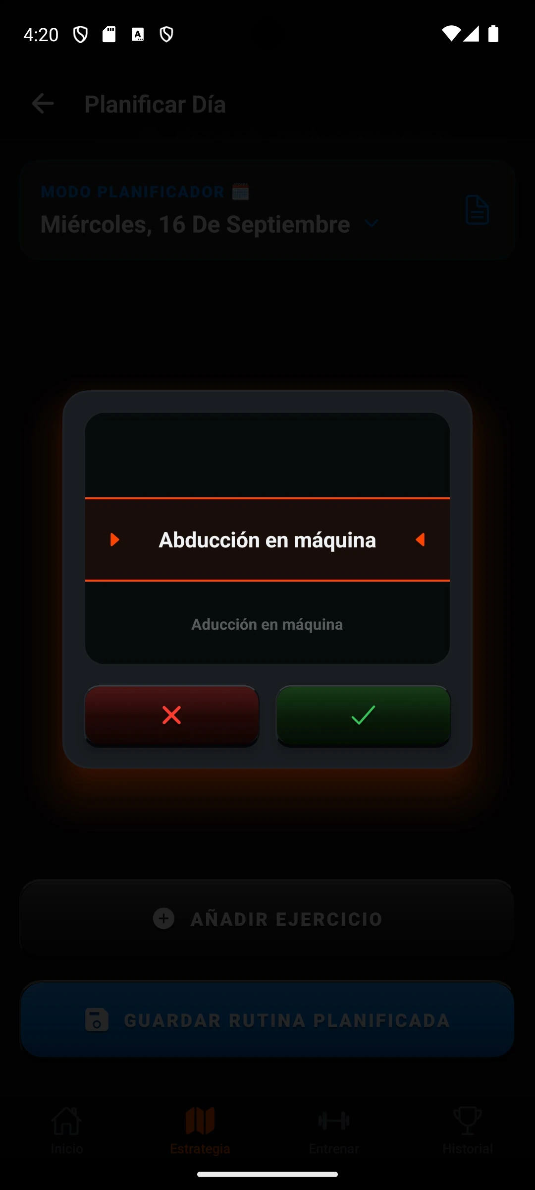 Pantalla Planificar Día atenuada detrás de un selector contextual de ejercicios, con Abducción en máquina como opción central y botones de cancelar y confirmar.