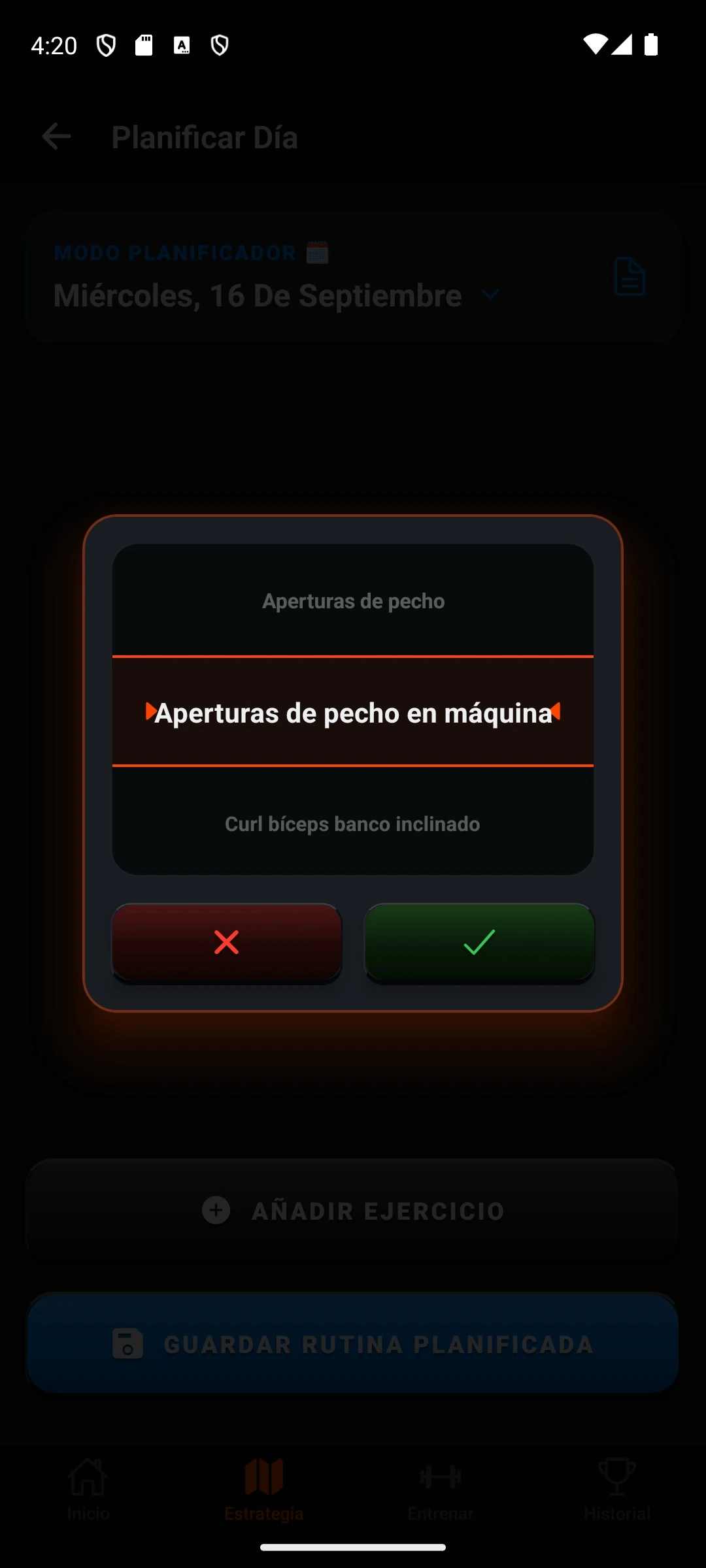 Selector contextual sobre Planificar Día con Aperturas de pecho en máquina como opción central, entre Aperturas de pecho y Curl bíceps banco inclinado, y botones de cancelar y confirmar.