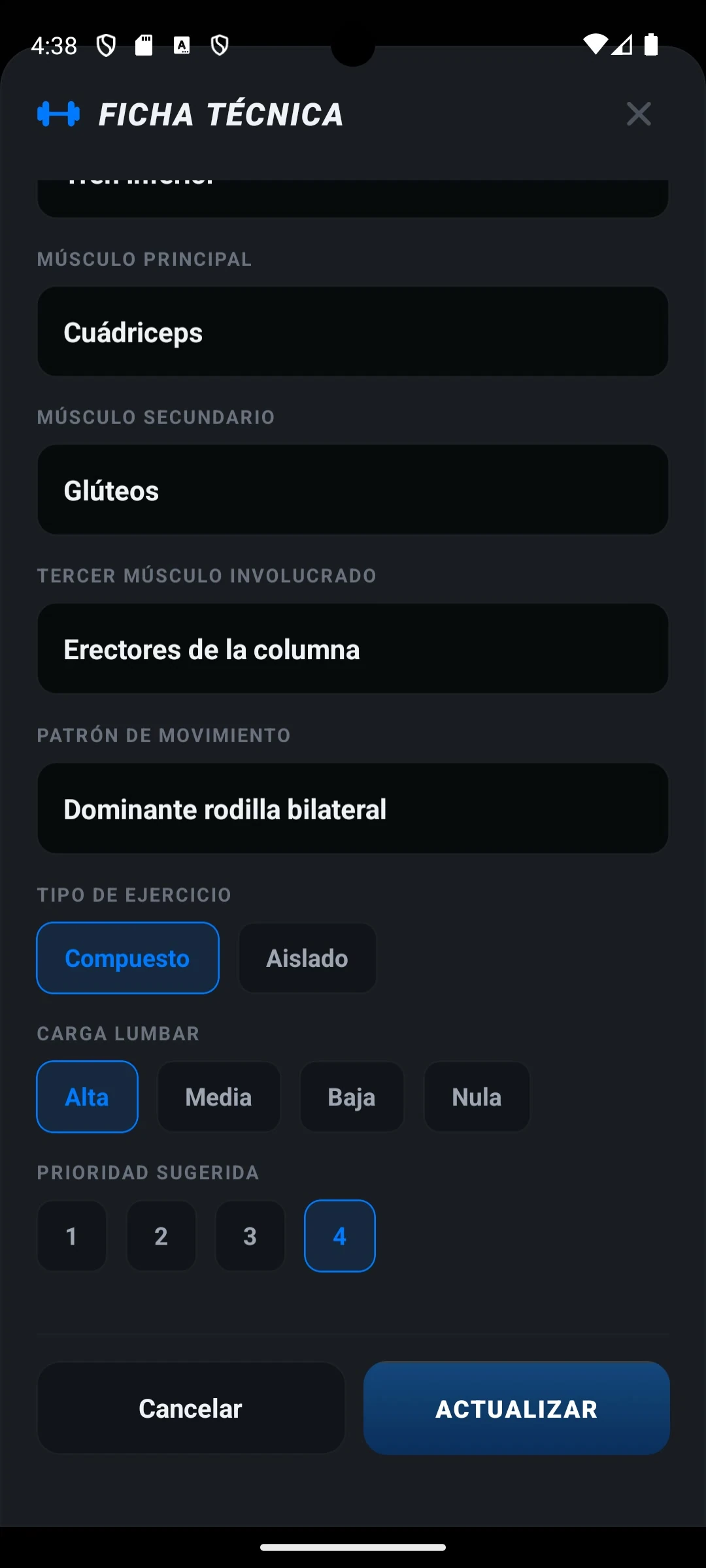 Parte inferior de la misma ficha técnica, con tipo de ejercicio Compuesto, carga lumbar Alta y prioridad sugerida 4.