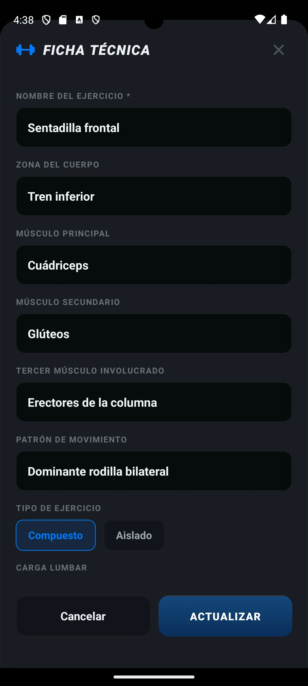 Modal Ficha técnica de Sentadilla frontal con los campos zona del cuerpo, músculo principal, secundario y tercer músculo involucrado, y patrón de movimiento.