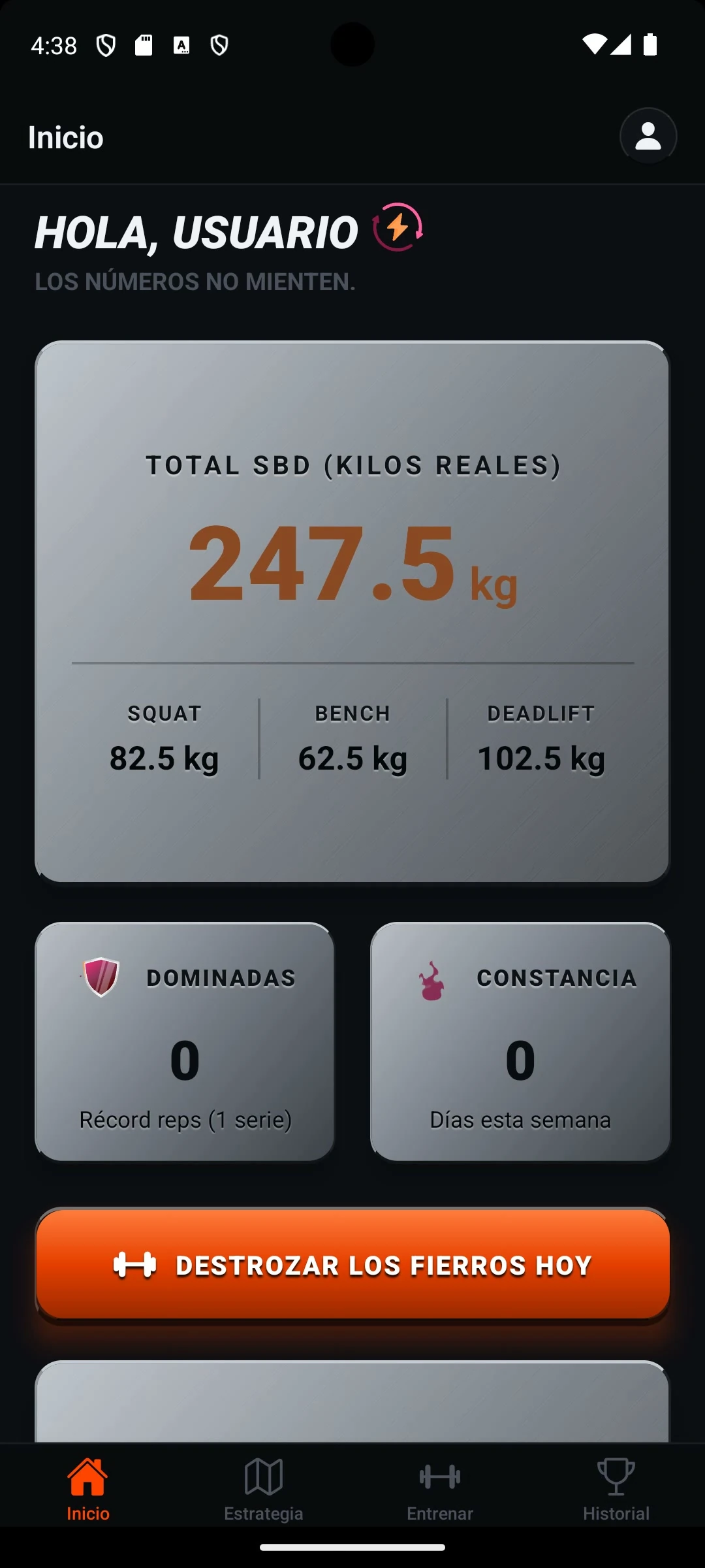 Pantalla Inicio en tema oscuro con la tarjeta Total SBD (kilos reales) de 247,5 kg y los valores de sentadilla, press banca y peso muerto.